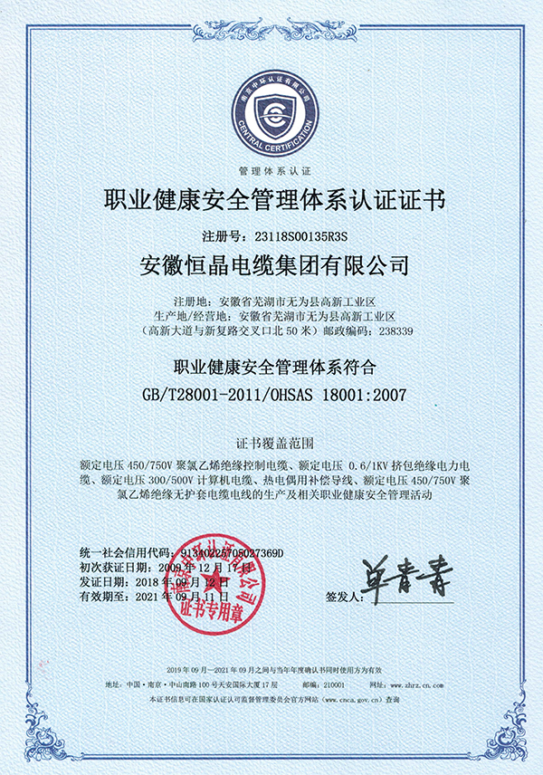 職業(yè)健康安全管理體系認(rèn)證證書